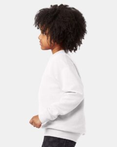 Hanes P360 Youth EcoSmart® Crewneck Sweatshirt – White (on model side)