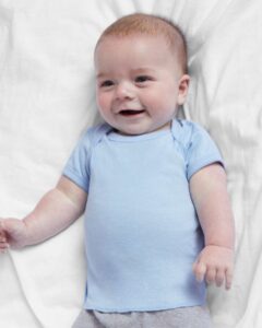 Rabbit Skins 3400 Infant Baby Rib Tee – Light Blue (on model)