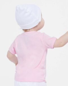 Rabbit Skins 3400 Infant Baby Rib Tee – Pink (on model back)