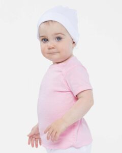 Rabbit Skins 3400 Infant Baby Rib Tee – Pink (on model side)