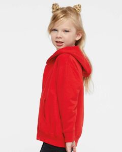 Rabbit Skins 3346 Toddler Full-Zip Fleece Hoodie Sweatshirt – Red (on model side)