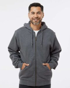 DRI DUCK 7033T Men’s Tall Crossfire Heavyweight Power Fleece Hooded Jacket with Thermal Lining – Dark Oxford (on model)