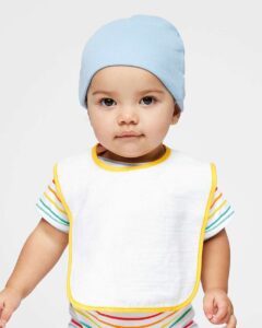 Rabbit Skins 1003 Infant Contrast Trim Terry Bib – Gold (on model)