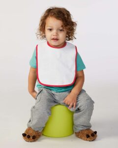 Rabbit Skins 1003 Infant Contrast Trim Terry Bib – Red (on model)