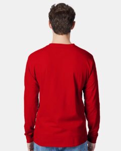 Hanes 5596 Unisex Authentic Long Sleeve Pocket T-Shirt – Deep Red (on model back)