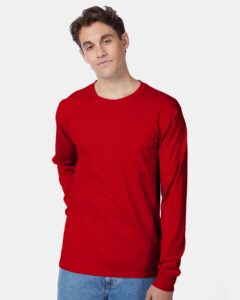 Hanes 5596 Unisex Authentic Long Sleeve Pocket T-Shirt – Deep Red (on model)