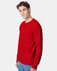 Hanes 5596 Unisex Authentic Long Sleeve Pocket T-Shirt – Deep Red (on model side)