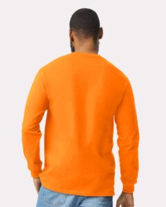 Gildan 2410 Unisex Ultra Cotton® Long Sleeve Pocket T-Shirt – Safety Orange (on model back)
