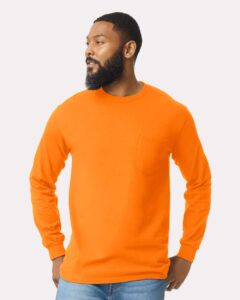 Gildan 2410 Unisex Ultra Cotton® Long Sleeve Pocket T-Shirt – Safety Orange (on model)