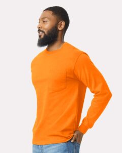 Gildan 2410 Unisex Ultra Cotton® Long Sleeve Pocket T-Shirt – Safety Orange (on model side)