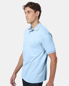Hanes 054X Unisex EcoSmart® Jersey Polo – Light Blue (on model side)