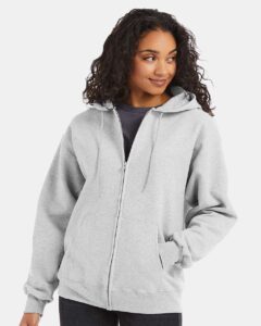 Hanes F280 Unisex Ultimate Cotton® Full-Zip Hooded Sweatshirt – Ash (on model)