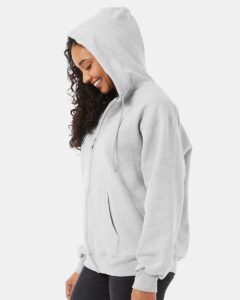 Hanes F280 Unisex Ultimate Cotton® Full-Zip Hooded Sweatshirt – Ash (on model side)