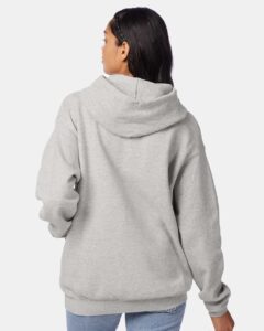 Hanes P170 Unisex EcoSmart® Hooded Sweatshirt – Ash (on model back)