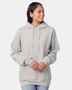 Hanes P170 Unisex EcoSmart® Hooded Sweatshirt – Ash (on model)