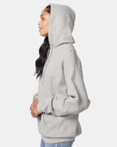 Hanes P170 Unisex EcoSmart® Hooded Sweatshirt – Ash (on model side)