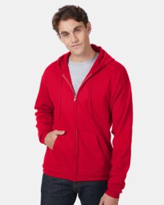 Hanes P180 Unisex EcoSmart® Full-Zip Hooded Sweatshirt – Deep Red (on model)
