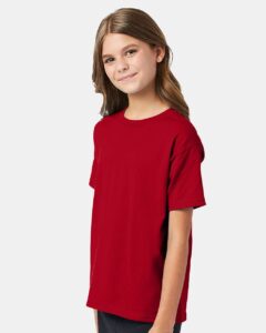 Hanes 5370 Youth EcoSmart® T-Shirt – Deep Red (on model side)
