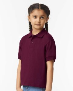Gildan 8800B Youth DryBlend® Jersey Polo – Maroon (on model side)