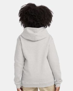 Hanes P473 Youth EcoSmart® Hooded Sweatshirt – Ash (on model back)
