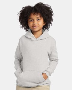 Hanes P473 Youth EcoSmart® Hooded Sweatshirt – Ash (on model)