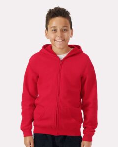 Gildan 18600B Youth Heavy Blend™ Full-Zip Hooded Sweatshirt – Red (on model)
