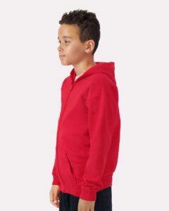 Gildan 18600B Youth Heavy Blend™ Full-Zip Hooded Sweatshirt – Red (on model side)