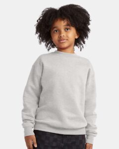 Hanes P360 Youth EcoSmart® Crewneck Sweatshirt – Ash (on model)