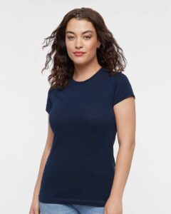 LAT 3616 Women’s Fitted Fine Jersey Tee – Navy (on model)
