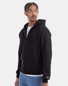 Champion S800 Unisex Powerblend® Full-Zip Hooded Sweatshirt – Black (on model side)