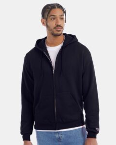 Champion S800 Unisex Powerblend® Full-Zip Hooded Sweatshirt – Navy (on model)