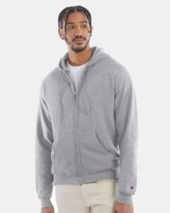 Champion S800 Unisex Powerblend® Full-Zip Hooded Sweatshirt – Light Steel (on model)