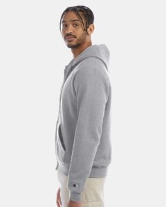 Champion S800 Unisex Powerblend® Full-Zip Hooded Sweatshirt – Light Steel (on model side)
