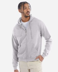 Champion S800 Unisex Powerblend® Full-Zip Hooded Sweatshirt – Silver Grey (on model)