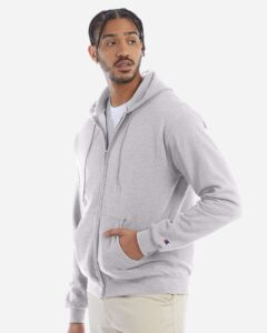 Champion S800 Unisex Powerblend® Full-Zip Hooded Sweatshirt – Silver Grey (on model side)
