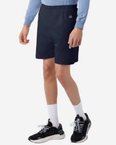 Champion 8187 Unisex Cotton Gym Shorts – Navy (on model side)