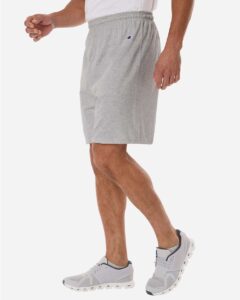Champion 8187 Unisex Cotton Gym Shorts – Oxford Grey Heather (on model side)