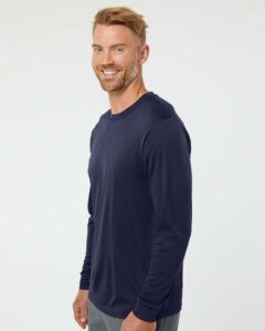 Augusta Sportswear 788 Unisex Nexgen Performance Long Sleeve T-Shirt – Navy (on model side)