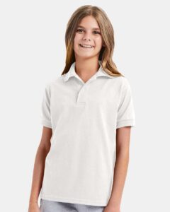 Hanes 054Y Youth EcoSmart® Jersey Polo – White (on model)