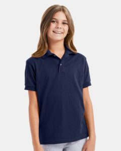 Hanes 054Y Youth EcoSmart® Jersey Polo – Navy (on model)
