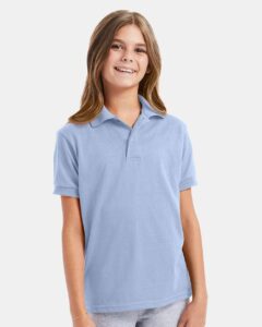 Hanes 054Y Youth EcoSmart® Jersey Polo – Light Blue (on model)