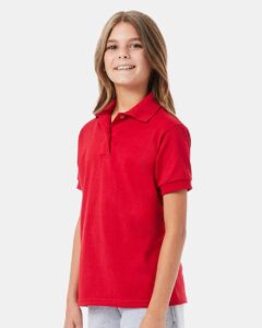 Hanes 054Y Youth EcoSmart® Jersey Polo – Deep Red (on model side)