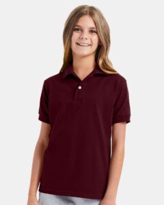 Hanes 054Y Youth EcoSmart® Jersey Polo – Maroon (on model)