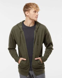 Independent Trading Co. SS4500Z Unisex Midweight Full-Zip Hooded Sweatshirt – Army Heather (on model)