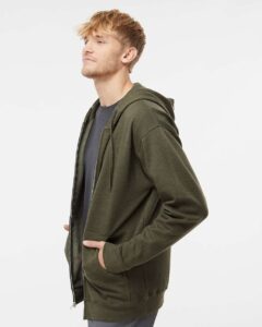 Independent Trading Co. SS4500Z Unisex Midweight Full-Zip Hooded Sweatshirt – Army Heather (on model side)