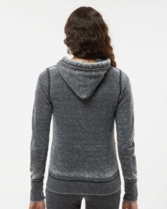 J. America 8913 Women’s Zen Fleece Full-Zip Hooded Sweatshirt – Dark Smoke (on model back)