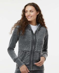 J. America 8913 Women’s Zen Fleece Full-Zip Hooded Sweatshirt – Dark Smoke (on model)