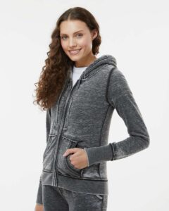 J. America 8913 Women’s Zen Fleece Full-Zip Hooded Sweatshirt – Dark Smoke (on model side)