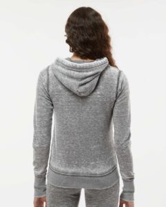 J. America 8913 Women’s Zen Fleece Full-Zip Hooded Sweatshirt – Cement (on model back)