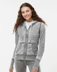 J. America 8913 Women’s Zen Fleece Full-Zip Hooded Sweatshirt – Cement (on model)